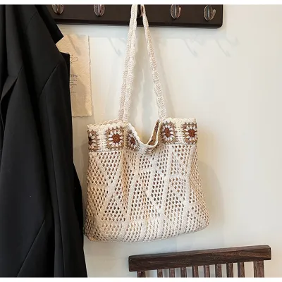 Women Fashion Casual Ethnic Style Knitted Hollow Large Capacity Vacation Straw Shoulder Bags