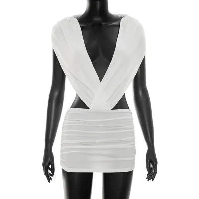 Women Fashion Sexy Summer Solid Color Sexy Deep V-Neck Sleeveless Backless Pleated Dress