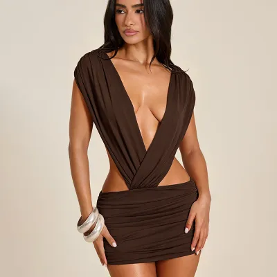 Women Fashion Sexy Summer Solid Color Sexy Deep V-Neck Sleeveless Backless Pleated Dress