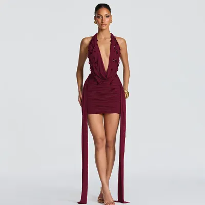Women Fashion Sexy Summer Solid Color Water Drops Decorative Deep V-Neck Long Strap Dress
