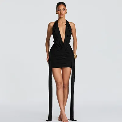 Women Fashion Sexy Summer Solid Color Water Drops Decorative Deep V-Neck Long Strap Dress