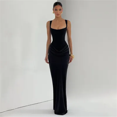 Women Fashion Sexy Solid Color Square Collar Sleeveless Slim-Fit Stitching Pleated Dress