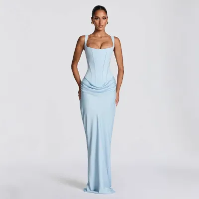 Women Fashion Sexy Solid Color Square Collar Sleeveless Slim-Fit Stitching Pleated Dress