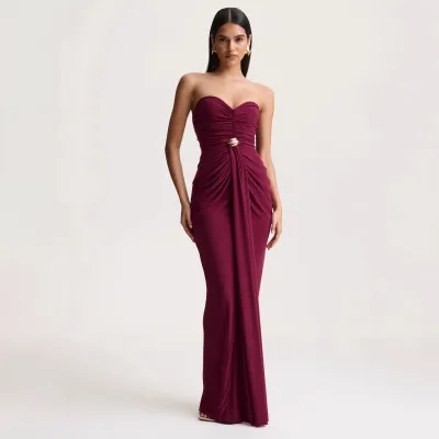 Women'S Fashion Sexy Elegant Spring Solid Color Sleeveless Pleated Slim-Fit Strapless Dress