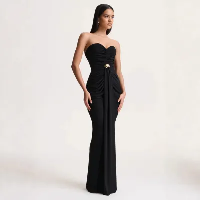 Women'S Fashion Sexy Elegant Spring Solid Color Sleeveless Pleated Slim-Fit Strapless Dress