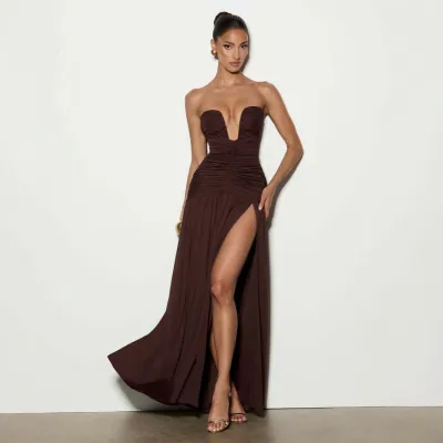 Women'S Fashion Sexy Solid Color Strapless High Split Pleated Slim Fit A-Line Dress