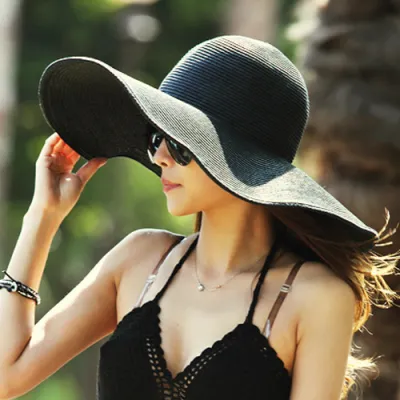 Women Fashion Casual Summer Solid Color Wide Brim Straw Hats Sunscreen Vacation