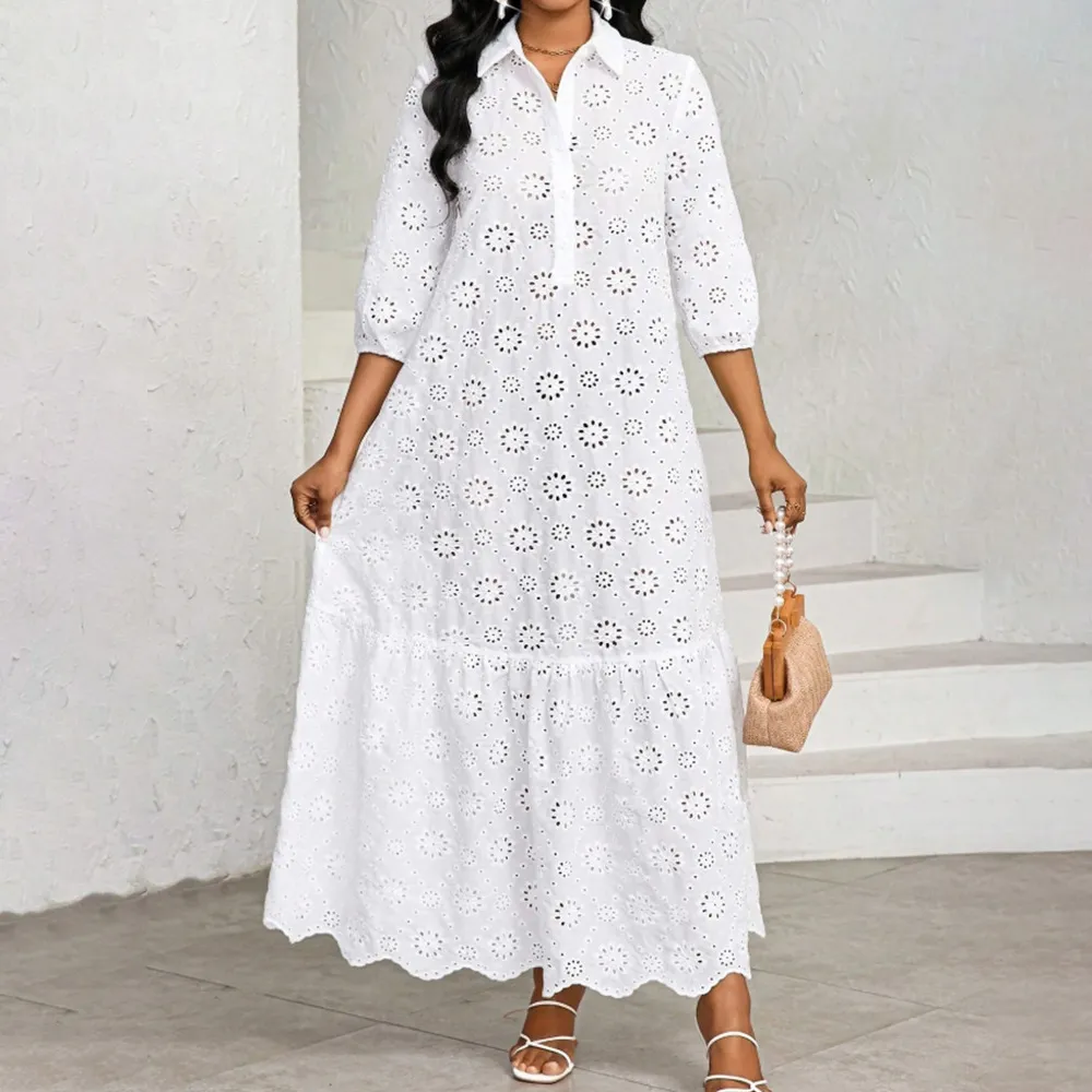 Women Fashion Casual Summer Vacation Solid Color Hollow Out Short-Sleeve Loose Dress