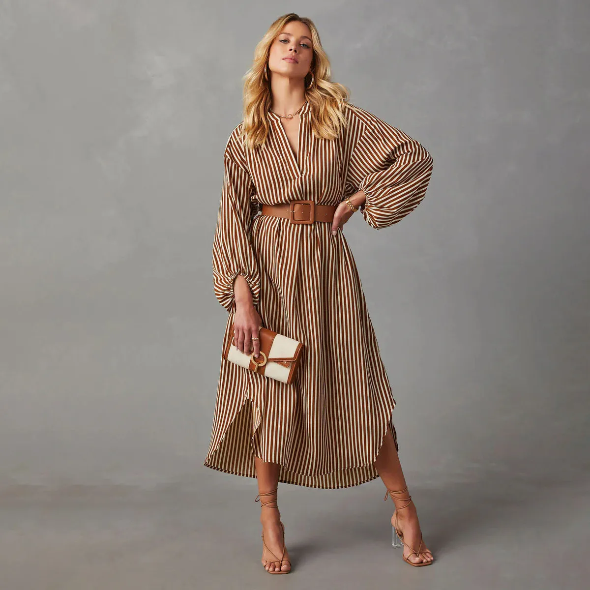Women Fashion Casual Summer Vacation Stripe V-Neck Long-Sleeve Loose Dress