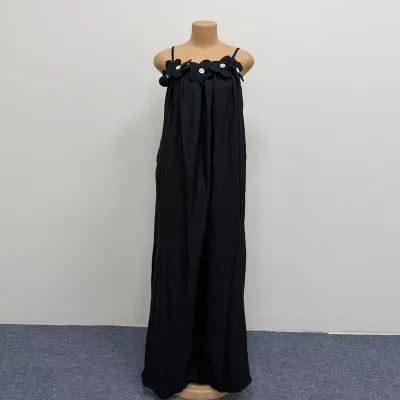Women Fashion Casual Vacation Solid Color Flower Spaghetti Strap Loose Dress