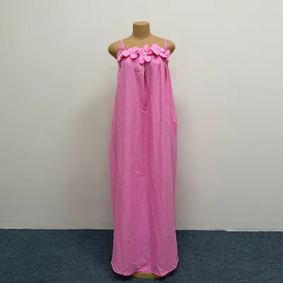 Women Fashion Casual Vacation Solid Color Flower Spaghetti Strap Loose Dress
