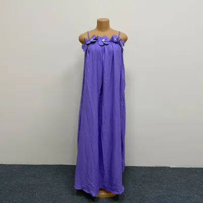 Women Fashion Casual Vacation Solid Color Flower Spaghetti Strap Loose Dress