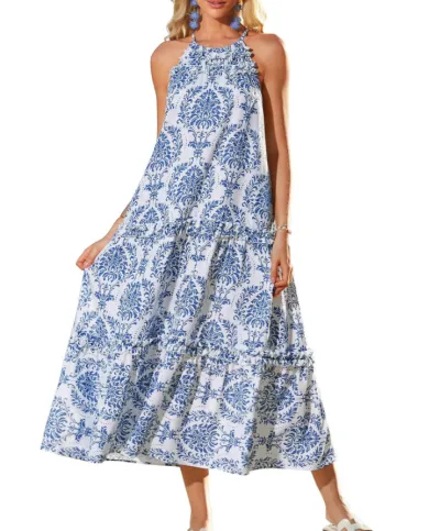 Women Fashion Casual Vacation Printed Contrast Spaghetti Strap Sleeveless Loose Dress