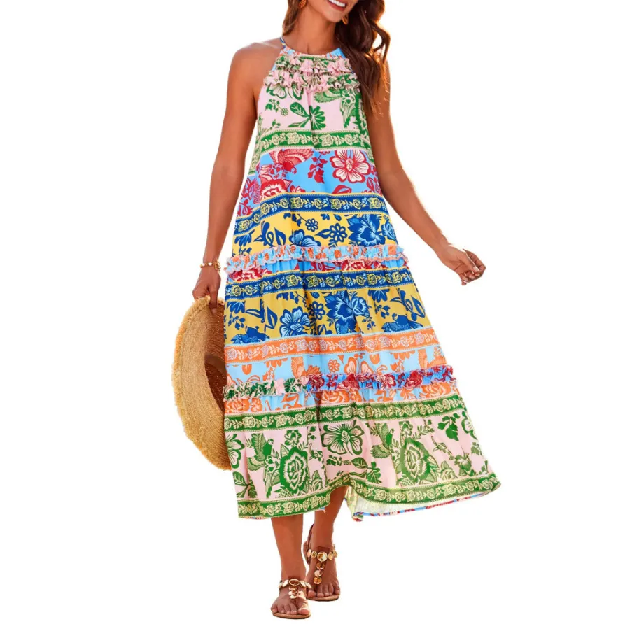 Women Fashion Casual Vacation Printed Contrast Spaghetti Strap Sleeveless Loose Dress
