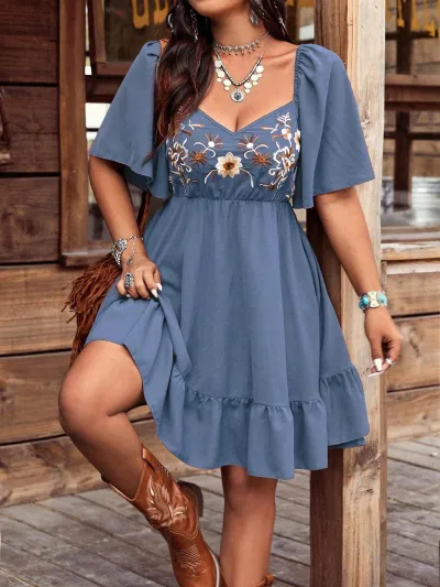 Women Fashion Casual Boho Vacation Embroidered Square Neck Lotus Leaf Short Sleeve Loose Dress