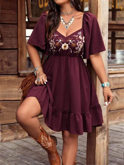 Women Fashion Casual Boho Vacation Embroidered Square Neck Lotus Leaf Short Sleeve Loose Dress