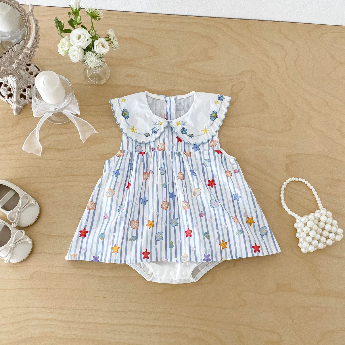 Kids Baby Girls Summer Thin Cotton Starfish Shell Printed Sleeveless Rompers with Double-Breasted Closure