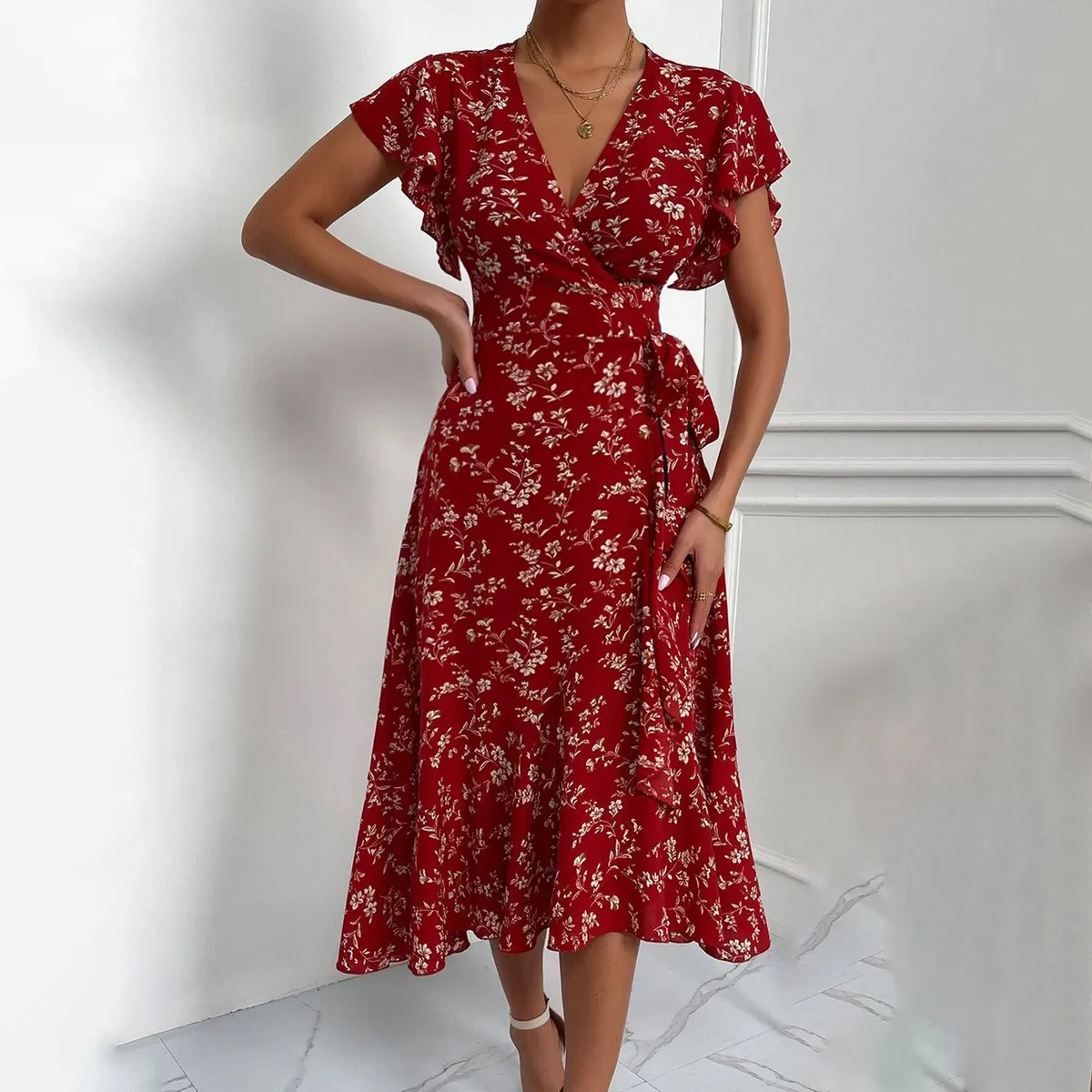 Women Fashion Casual Vacation Flower Printed Deep V-Strap Short-Sleeve Tight Waist Dress