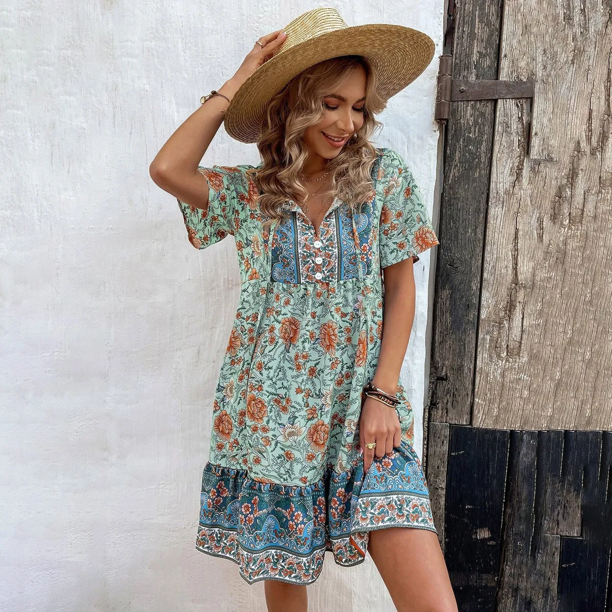 Women'S Fashion Casual Vacation Flower Printed V-Neck Short-Sleeve Loose Dress