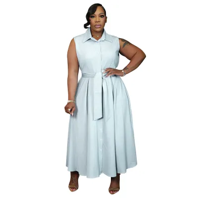 Women Fashion Casual Elegant Plus Size Solid Color Lapel Sleeveless Lace-Up A- Line Dress