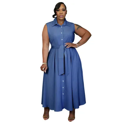 Women Fashion Casual Elegant Plus Size Solid Color Lapel Sleeveless Lace-Up A- Line Dress