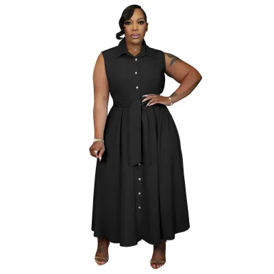 Women Fashion Casual Elegant Plus Size Solid Color Lapel Sleeveless Lace-Up A- Line Dress