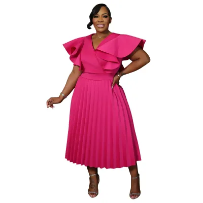 Women Fashion Casual Elegant Plus Size Solid Color Ruffle Sleeve Pleated Dress