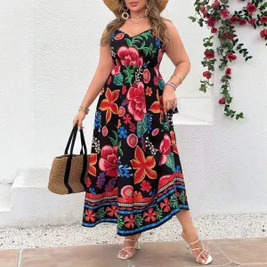 Women Fashion Plus Size Print Spaghetti Strap A- Line Dress