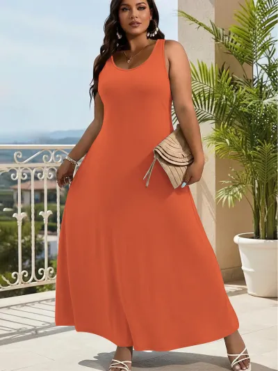 Women Fashion Casual Plus Size Solid Color Sleeveless Loose African Dress