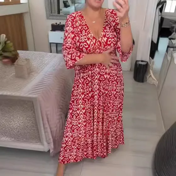 Women Fashion Casual Vacation Plus Size Printed V-Neck Short-Sleeve Loose Dress