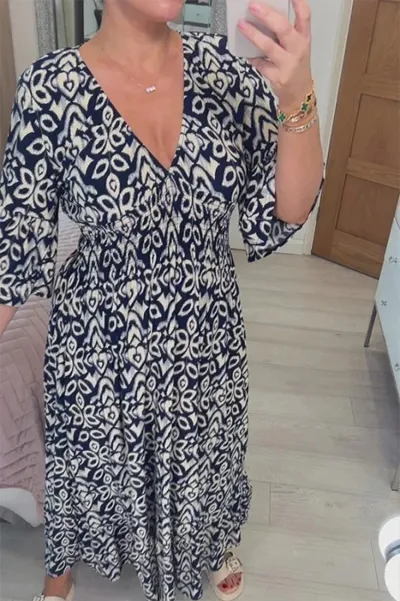 Women Fashion Casual Vacation Plus Size Printed V-Neck Short-Sleeve Loose Dress