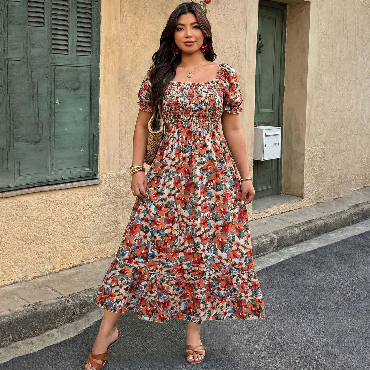 Women Fashion Casual Plus Size Printed Square Collar Puff Sleeve Dress