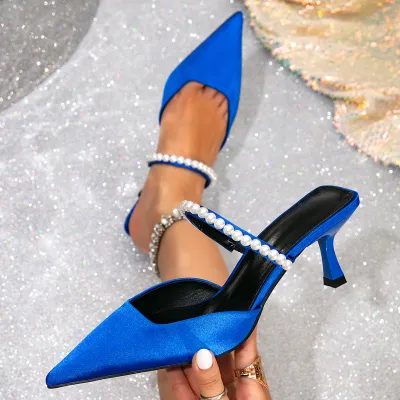 Women's Elegant Summer Solid Color Pearl Decorated Pointed Toe Stiletto Heel Sandals