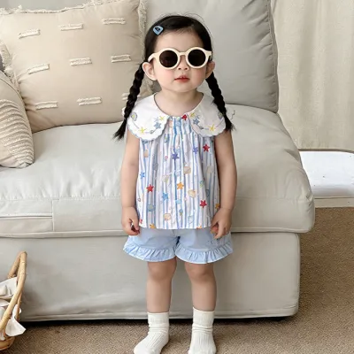 Kids Baby Girls Summer Shell Printed Ocean Style Sleeveless Top Ruffled Shorts Two-Piece Set