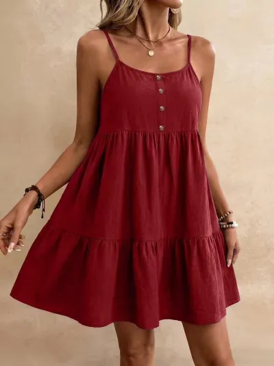 Women Fashion Casual Summer Solid Color Sleeveless Spaghetti Strap Loose A-Line Dress