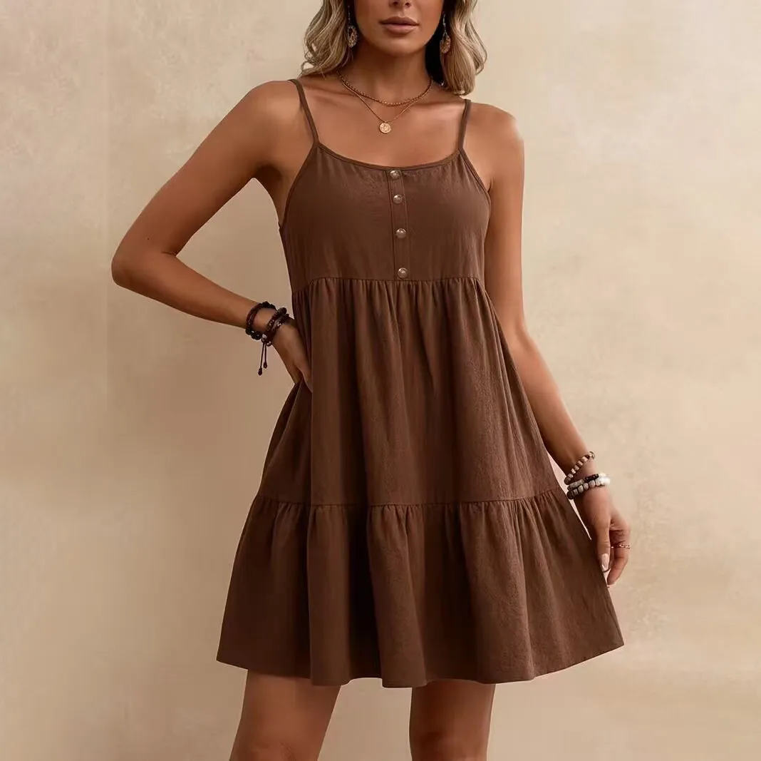 Women Fashion Casual Summer Solid Color Sleeveless Spaghetti Strap Loose A-Line Dress