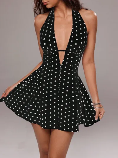 Women Fashion Sexy Summer Polka Dot Print Halter-Neck Sleeveless Backless A-Line Dress