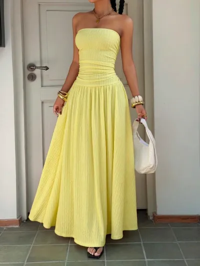 Women Fashion Summer Elegant Solid Color Tube Top Sleeveless A-Line Dress