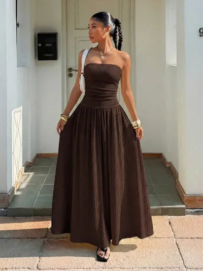 Women Fashion Summer Elegant Solid Color Tube Top Sleeveless A-Line Dress