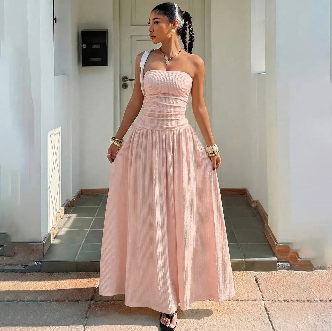 Women Fashion Summer Elegant Solid Color Tube Top Sleeveless A-Line Dress