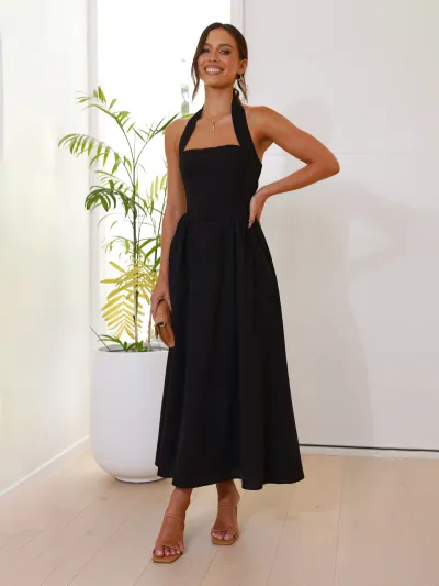 Women'S Fashion Elegant Solid Color Square Collar Halter-Neck Backless Tight Waist A-Line Dress