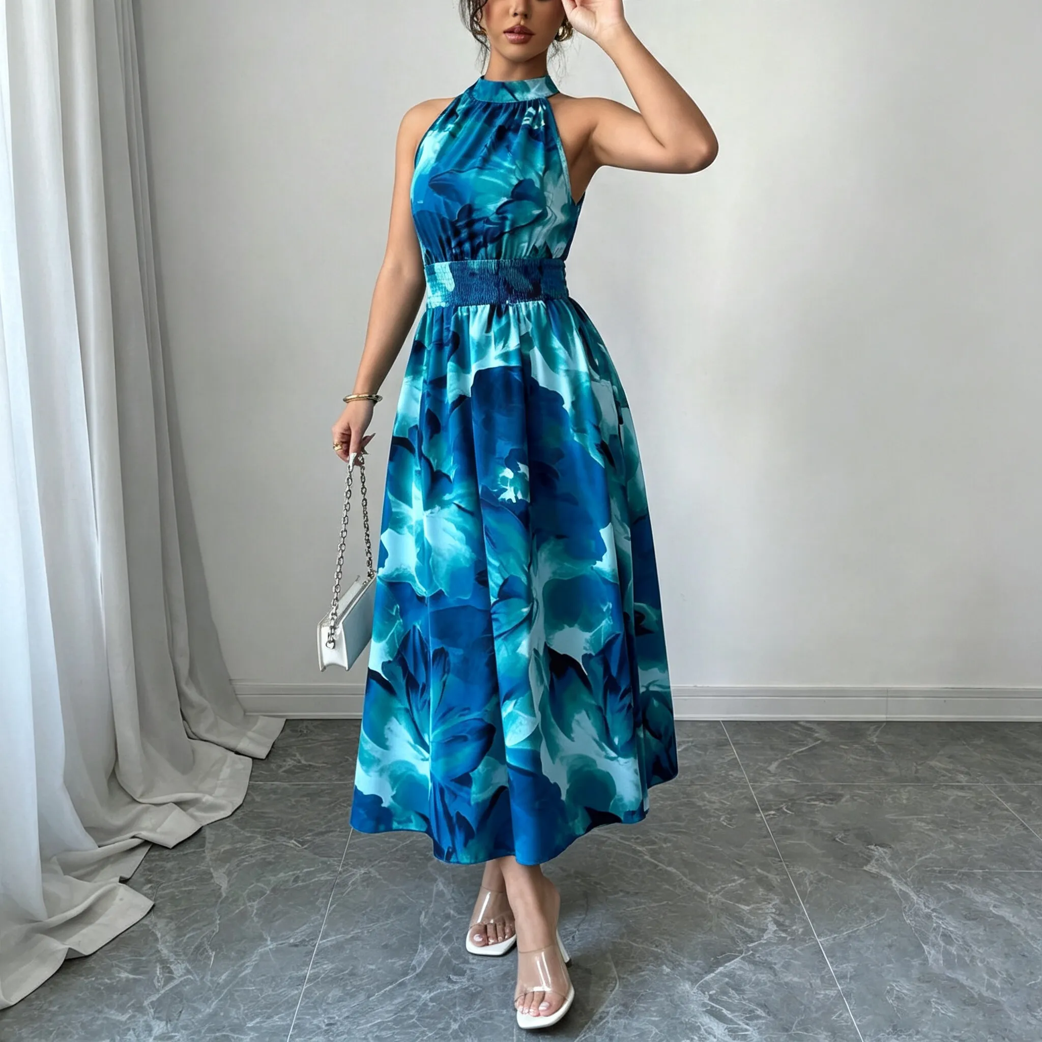 Women'S Fashion Elegant Summer Dyeing Halter-Neck Sleeveless Tight Waist A-Line Dress
