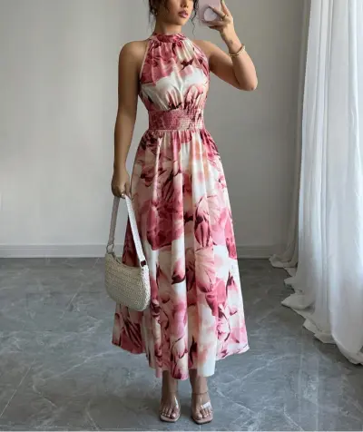 Women'S Fashion Elegant Summer Dyeing Halter-Neck Sleeveless Tight Waist A-Line Dress