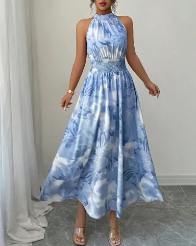 Women'S Fashion Elegant Summer Dyeing Halter-Neck Sleeveless Tight Waist A-Line Dress