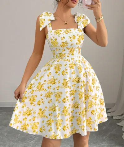 Women Fashion Summer Flower Printed Sleeveless A-Line Dress