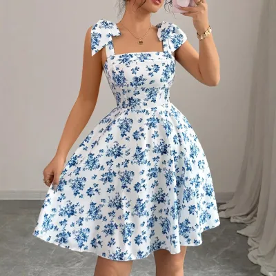 Women Fashion Summer Flower Printed Sleeveless A-Line Dress