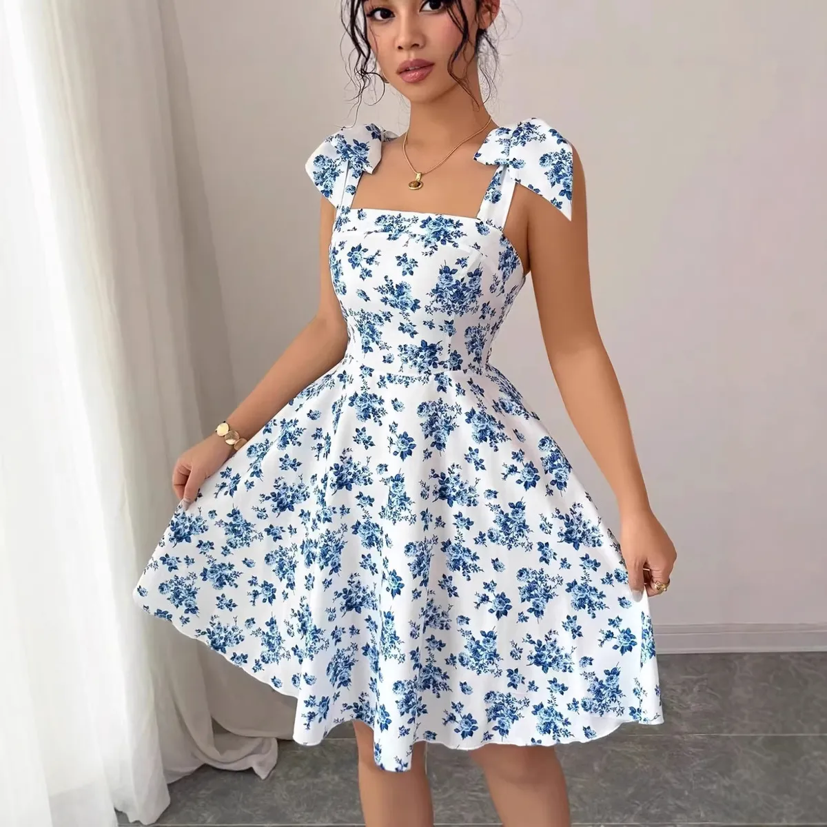 Women Fashion Summer Flower Printed Sleeveless A-Line Dress