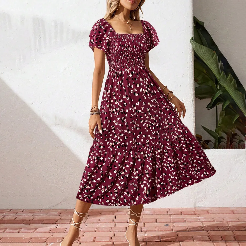 Women Fashion Casual Spring Summer Flower Printed Ruffle Sleeve A-Line Dress
