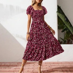 Women Fashion Casual Spring Summer Flower Printed Ruffle Sleeve A-Line Dress