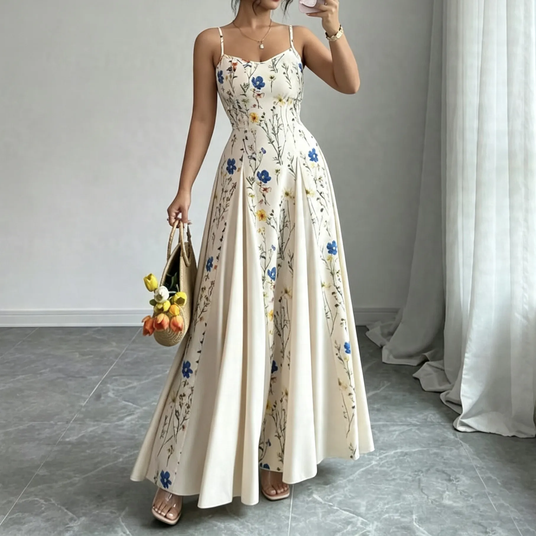 Women Fashion Elegant Summer Flower Printed Spaghetti Strap Tight Waist A-Line Dress